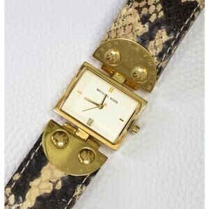 Michael Kors Womens White Date Dial Brown Leather Gold Steel Square Watch MK2114